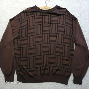 Villini Men's Crewneck Sweater XXL Geometric Jacquard Knit Brown Black